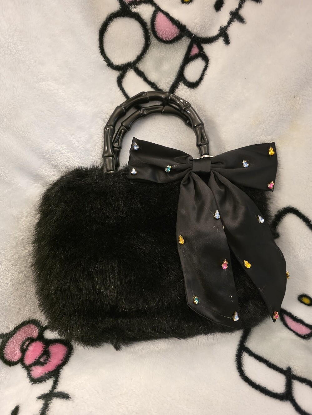 Faux Fur Bamboo Top-Handle Handbag in Black